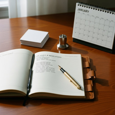 Notebook, pen and calendar on the wooden table in office.の素材