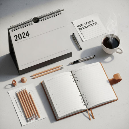 Open notebook, coffee cup and pencils on a white background.の素材