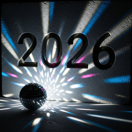 New Year 2016 concept with disco ball and light rays. 3D renderingの素材