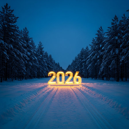 New year 2016 in the winter forest. 3D rendering. Illustration.の素材