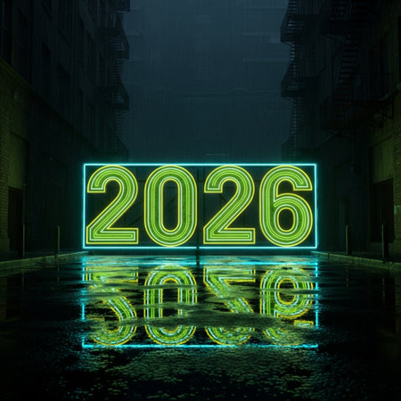 Happy New Year 2016 written in neon light on the city street. 3D Renderingの素材