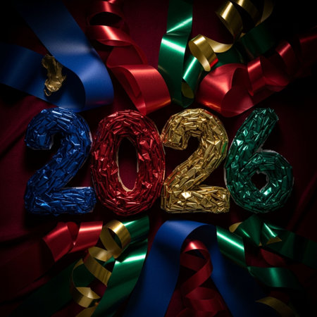 Happy New Year 2016 with colorful ribbons and confetti on a dark backgroundの素材