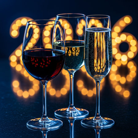 Glasses of red and white wine on a dark background with bokeh lightsの素材