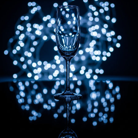 Champagne glass on a dark background with bokeh lights.の素材