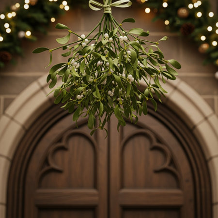 Mistletoe bouquet in front of a door with bokeh lightsの素材