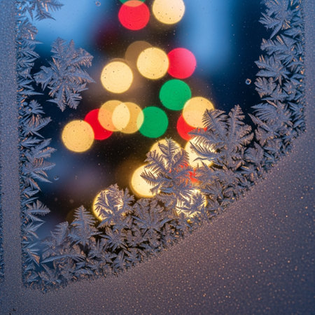 Frosty pattern on winter window glass with bokeh backgroundの素材