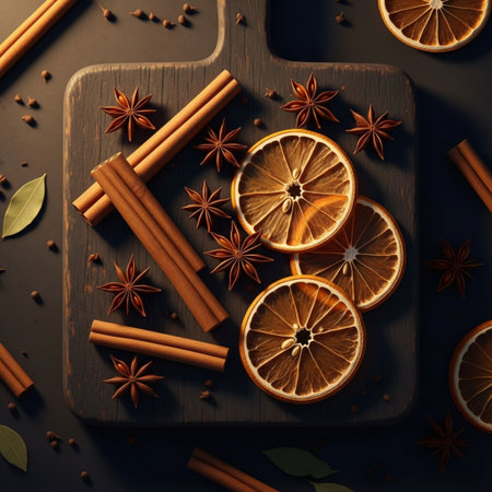 Cinnamon sticks, star anise and dried orange slices on dark background, top viewの素材
