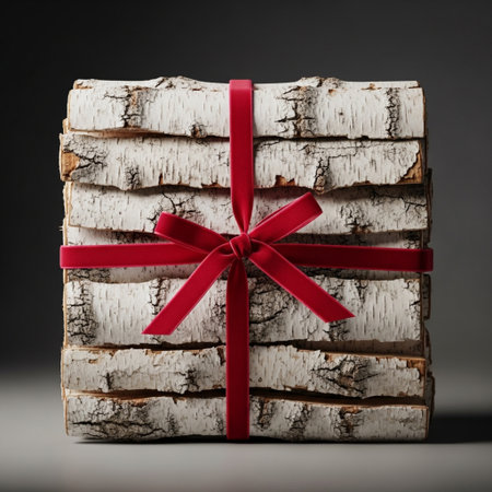 Pile of birch logs with a red ribbon on a gray backgroundの素材