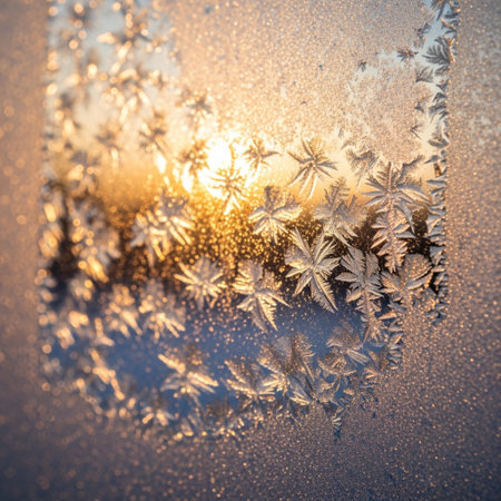 Frosty natural pattern on winter window glass. Abstract winter backgroundの素材