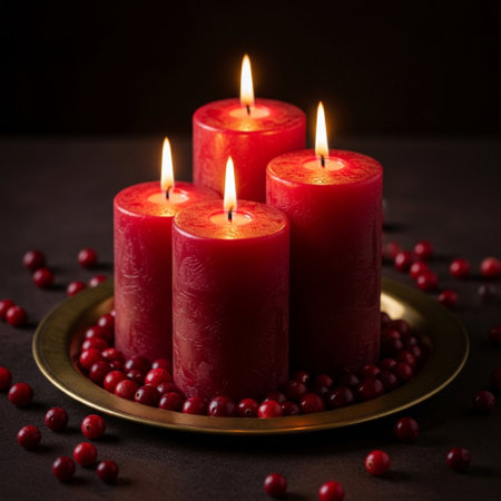 Burning candles with cranberries on dark background. Selective focus.の素材