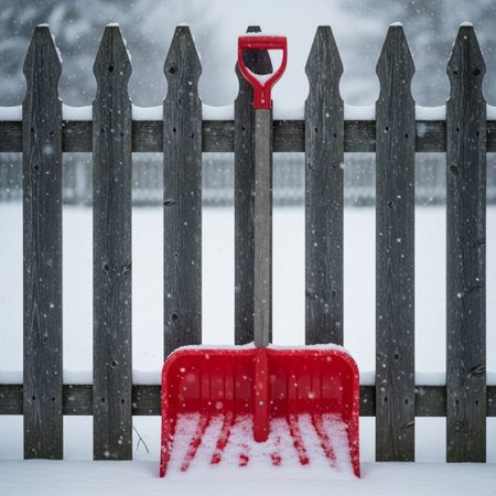 Red shovel on a wooden fence in the snow. Winter concept.の素材