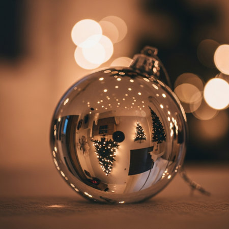 Christmas glass ball on the background of a Christmas tree and bokehの素材