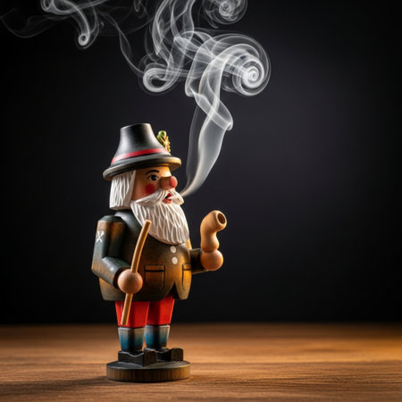 santa claus with smoking pipe on wooden table and black backgroundの素材