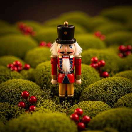 Nutcracker on a green mossy background. Christmas decoration.の素材