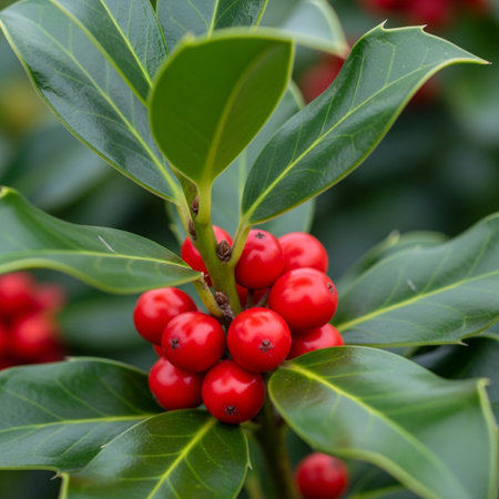 Holly (Ilex aquifolium) with red berriesの素材
