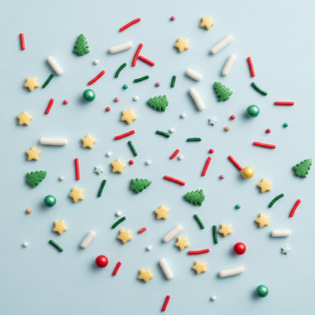 Christmas and New Year background. Colorful candies on blue backgroundの素材