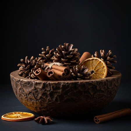 Cinnamon sticks, star anise and dried orange in wooden bowl on black backgroundの素材