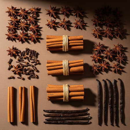 Cinnamon sticks, vanilla pods, star anise and cloves on wooden backgroundの素材