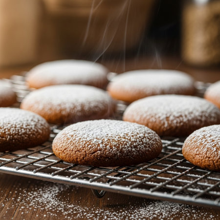Chocolate cookies sprinkled with powdered sugar on a cooling rack, selective focusの素材