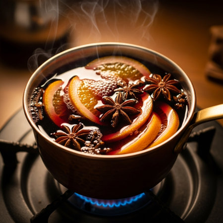 Hot mulled wine with spices and orange slices on a gas burnerの素材