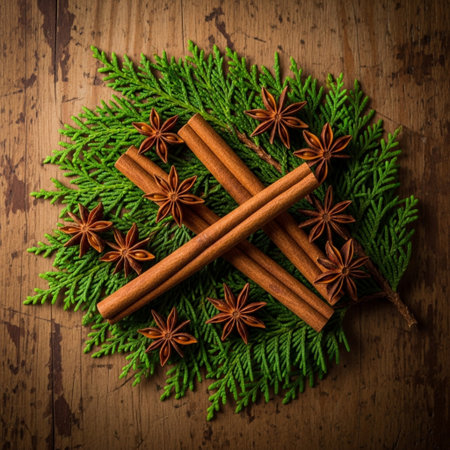 Cinnamon sticks, star anise and green leaves on wooden backgroundの素材