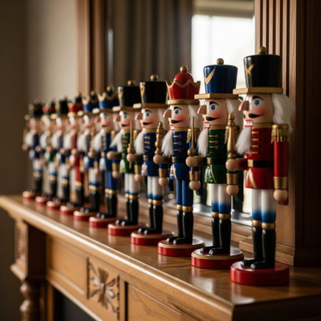 Wooden toy figurines of nutcrackers on a wooden shelfの素材