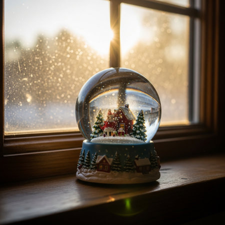 Christmas snow globe on a window sill with a Christmas tree and snowmanの素材