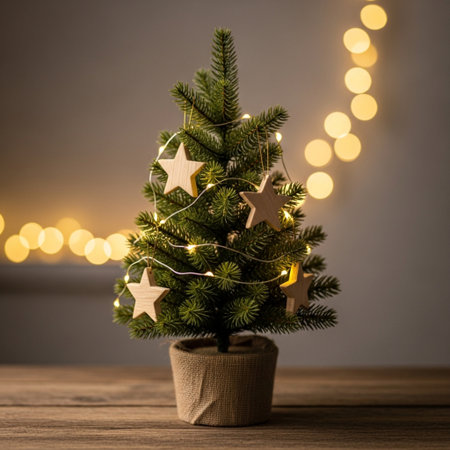 Christmas tree in pot on wooden table with bokeh lights backgroundの素材