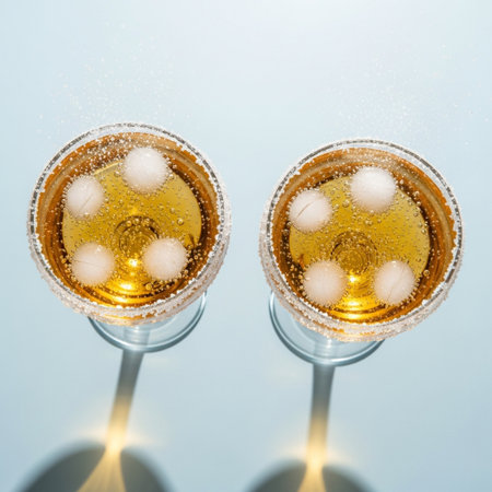 Two glasses of champagne with ice cubes on blue background, top viewの素材