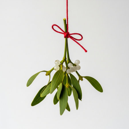 Mistletoe on a white background with a red ribbon and a bowの素材