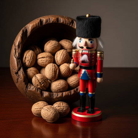 Nutcracker and walnuts in a wooden bowl on a dark backgroundの素材