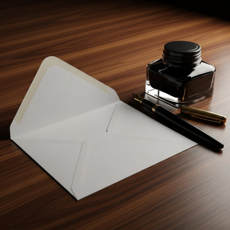 Envelope, pen and inkwell on a wooden table.の素材
