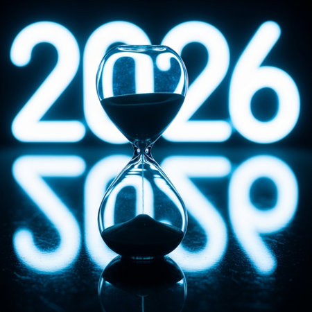 New year countdown concept. Hourglass with numbers 2020 on dark backgroundの素材