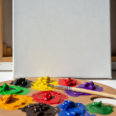 Painting palette with paints and brushes on a white wooden table.の素材