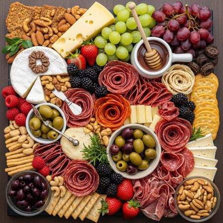 Antipasto with cheese, olives, grapes and crackers on wooden backgroundの素材