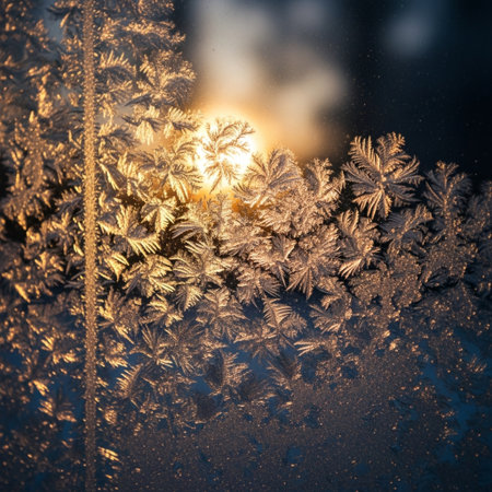 Frosty pattern on winter window. Beautiful winter background with snowflakes.の素材