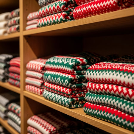 Knitted blankets on a shelf in the store. Christmas and New Year concept.の素材