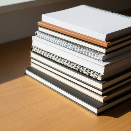 Notebook on the wooden table in the office. Selective focus.の素材