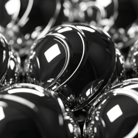 3d rendering of a group of black metallic balls in black backgroundの素材