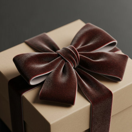 Brown gift box with a bow on a black background, close upの素材