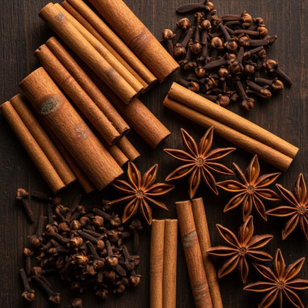 Cinnamon sticks, star anise and cloves on dark wooden backgroundの素材