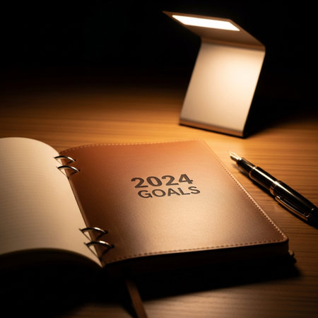 Notebook with the inscription 2019 goals on the table with a lamp.の素材