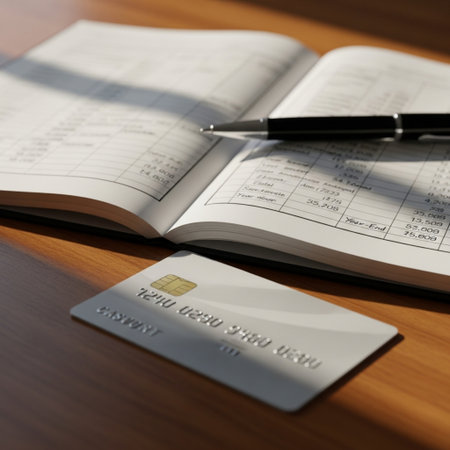 Credit card and book with pen on wooden table, shallow DOFの素材