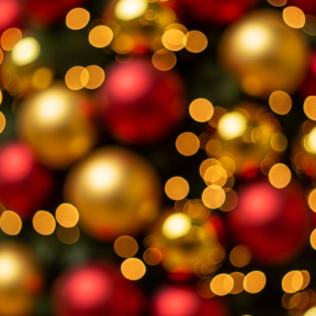 christmas background with bokeh defocused lights and ornamentsの素材