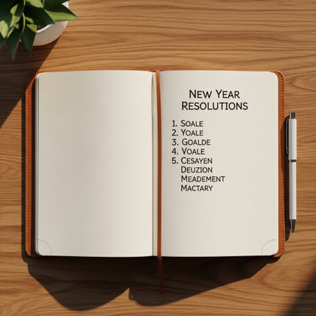 New Year resolutions in a notebook with a pen on a wooden tableの素材