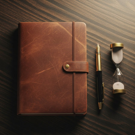 Notebook with pen and hourglass on wooden background, top viewの素材
