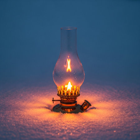 Vintage kerosene lamp on snow. Christmas and New Year concept.の素材