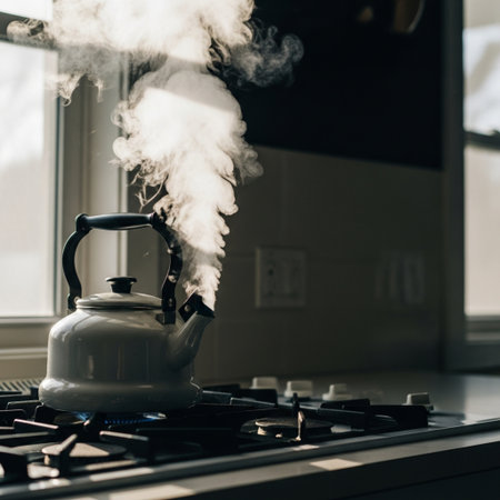 Steam from a kettle on a gas stove in the kitchen. Selective focus.の素材