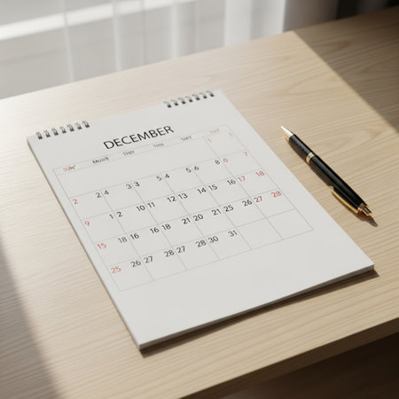 The December 2022 calendar with pen on wood table background, business planning conceptの素材