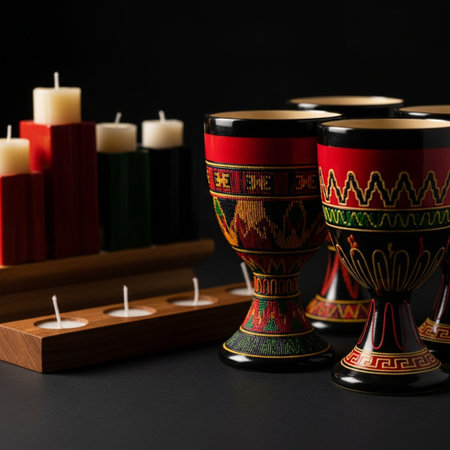 Close-up image of a wooden chalice with candles on black backgroundの素材
